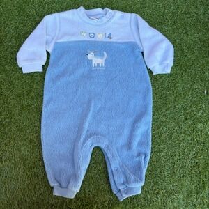 Vtg OshKosh Baby Boy Blue Fleece Dog Woof Sleepsuit Romper 3-6 Months 12-16 lbs‎